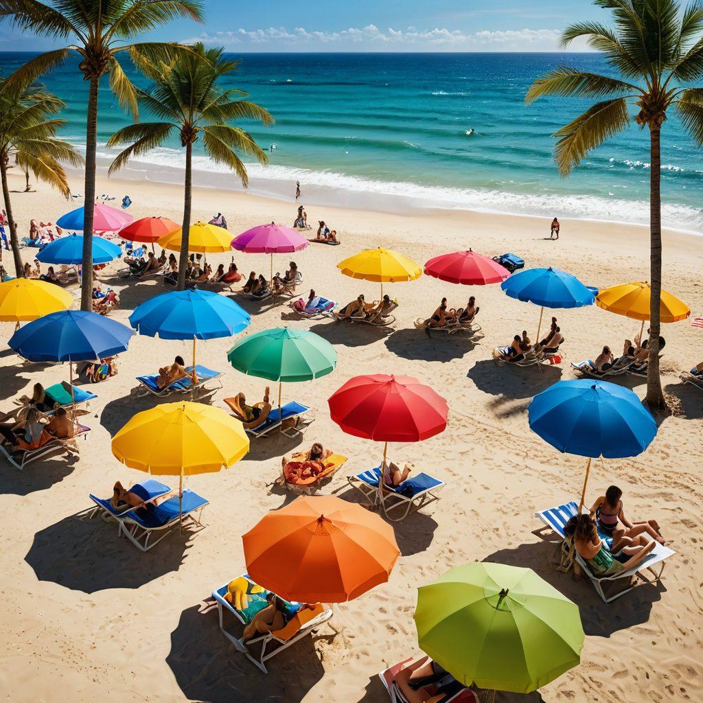 A vibrant beach scene showcasing a diverse group of people wearing trendy and affordable summer swimsuits, surrounded by colorful beach umbrellas and surfboards. The sun is shining brightly, enhancing the cheerful atmosphere, while a stylish beachside boutique can be seen in the background. Include playful elements like beach balls and tropical drinks to evoke a fun summer vibe. super-realistic. vibrant colors. sunny background.